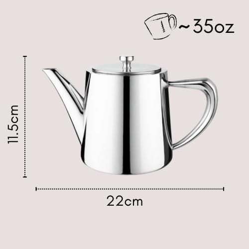 995ml Stainless Steel Teapot 5 Cup Mirror Finish Non Drip Tea Pot