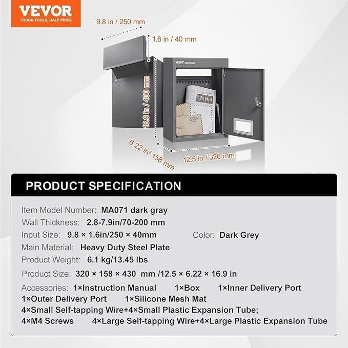 Wall-Mount Steel Mail Drop Box Waterproof Lockbox Large Slot & Window