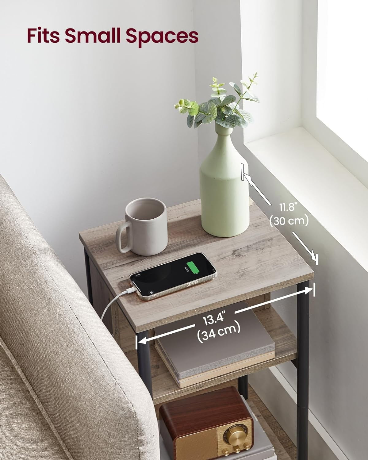 Narrow Side Table with USB & AC Charging Ports, 3-Tier 30x34x58cm Table