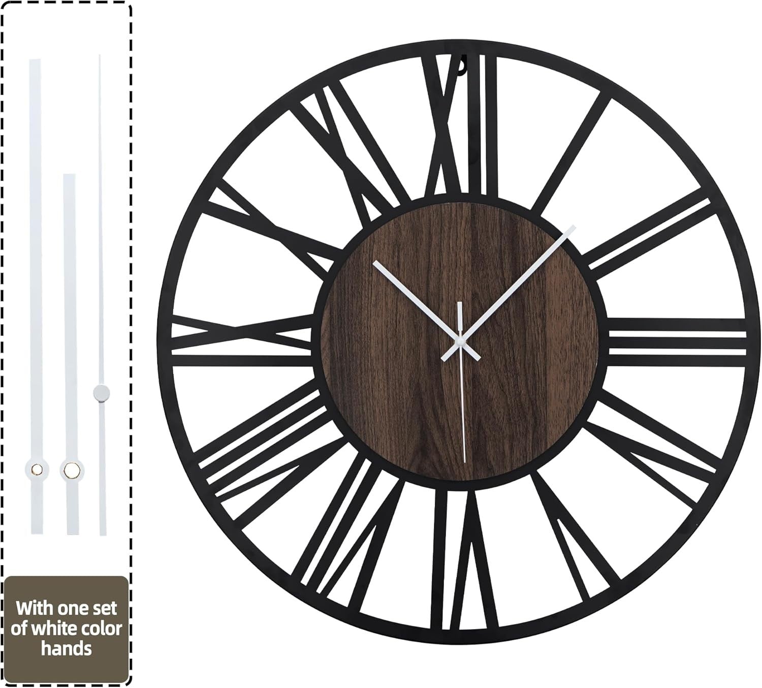 16" Large Wall Clock Dark Wood & Metal Silent Roman Numerals Modern Décor