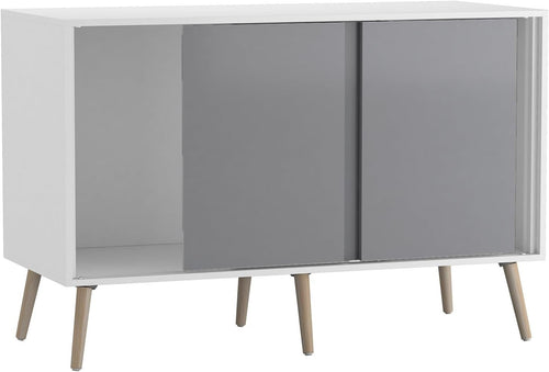 Modern Grey Sideboard Cabinet White Frame Storage Unit with Beech Legs