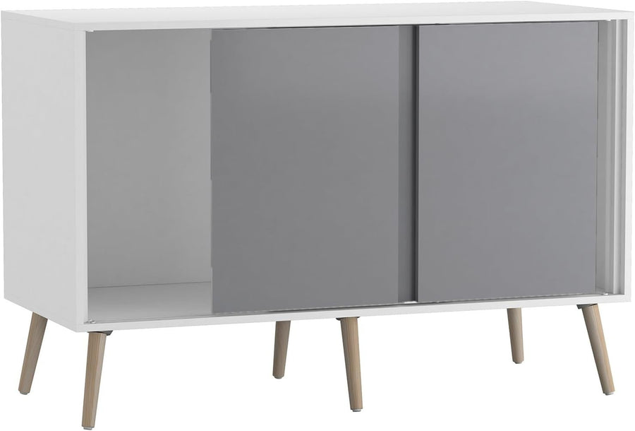 Modern Grey Sideboard Cabinet White Frame Storage Unit with Beech Legs