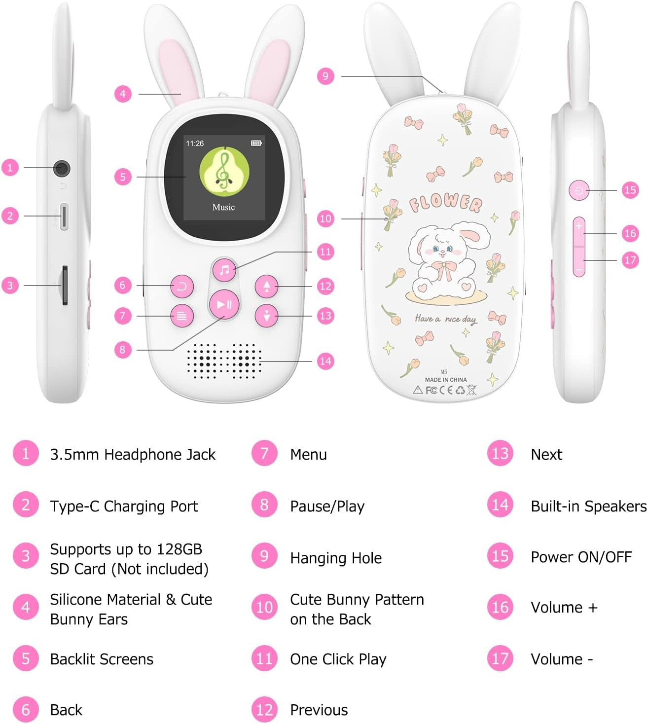 Kids MP3 Player 32GB Bluetooth FM Radio Alarm Pedometer Pink