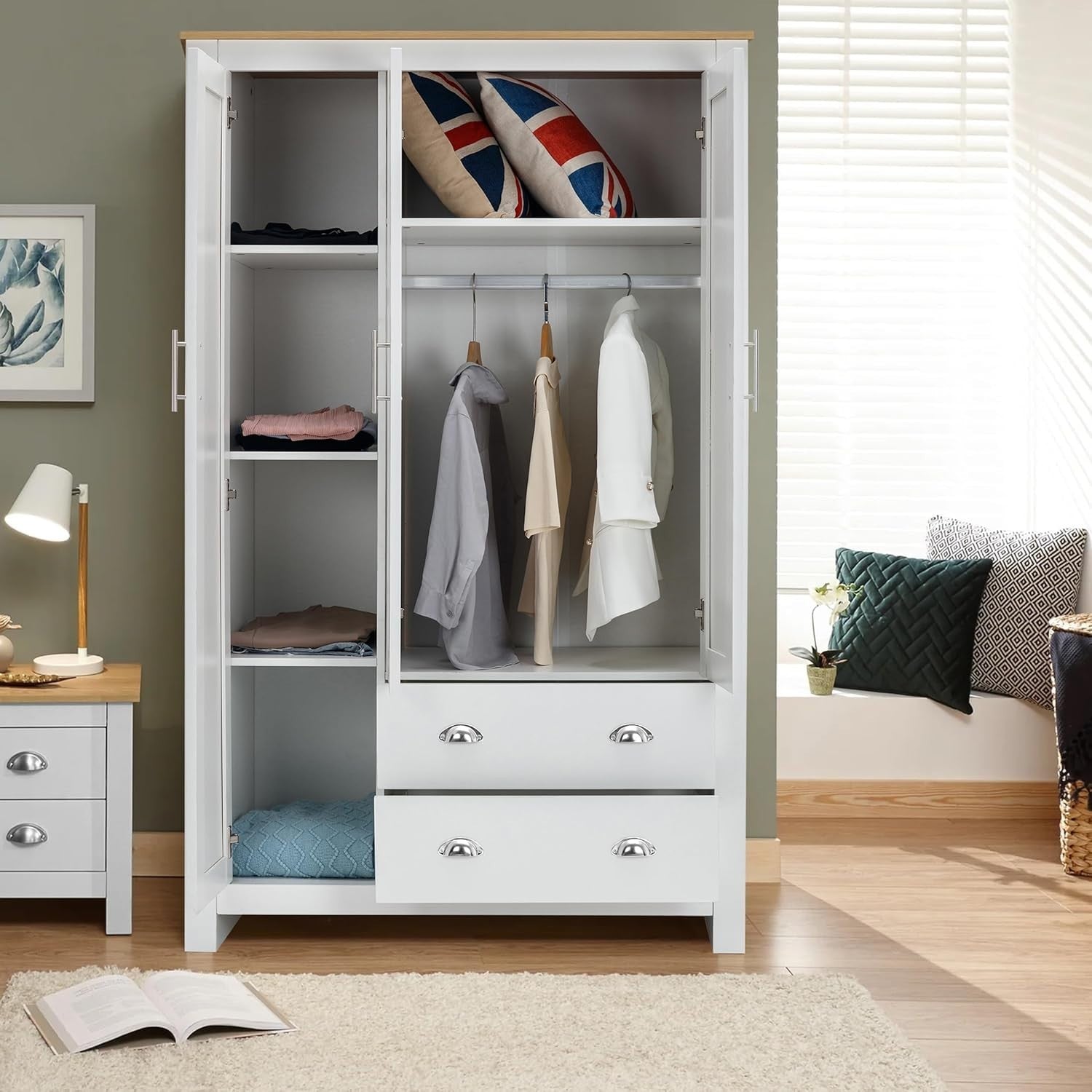 White Oak 3 Door Wardrobe With Drawers & Hanging Rail - Modern Storage