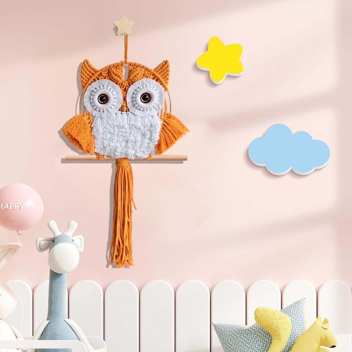 Orange Macrame Owl Wall Hanging Boho Fiber Art Home Decor