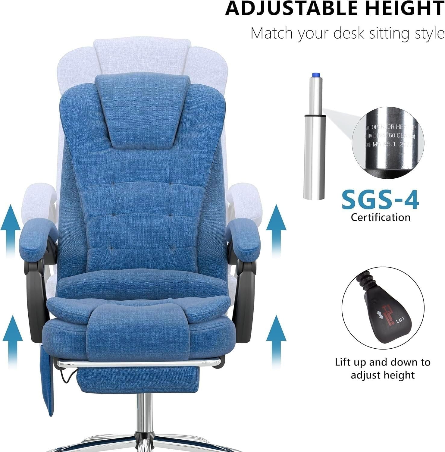 Massage Office Chair Recliner Linen Blue Gaming Computer Swivel Footrest