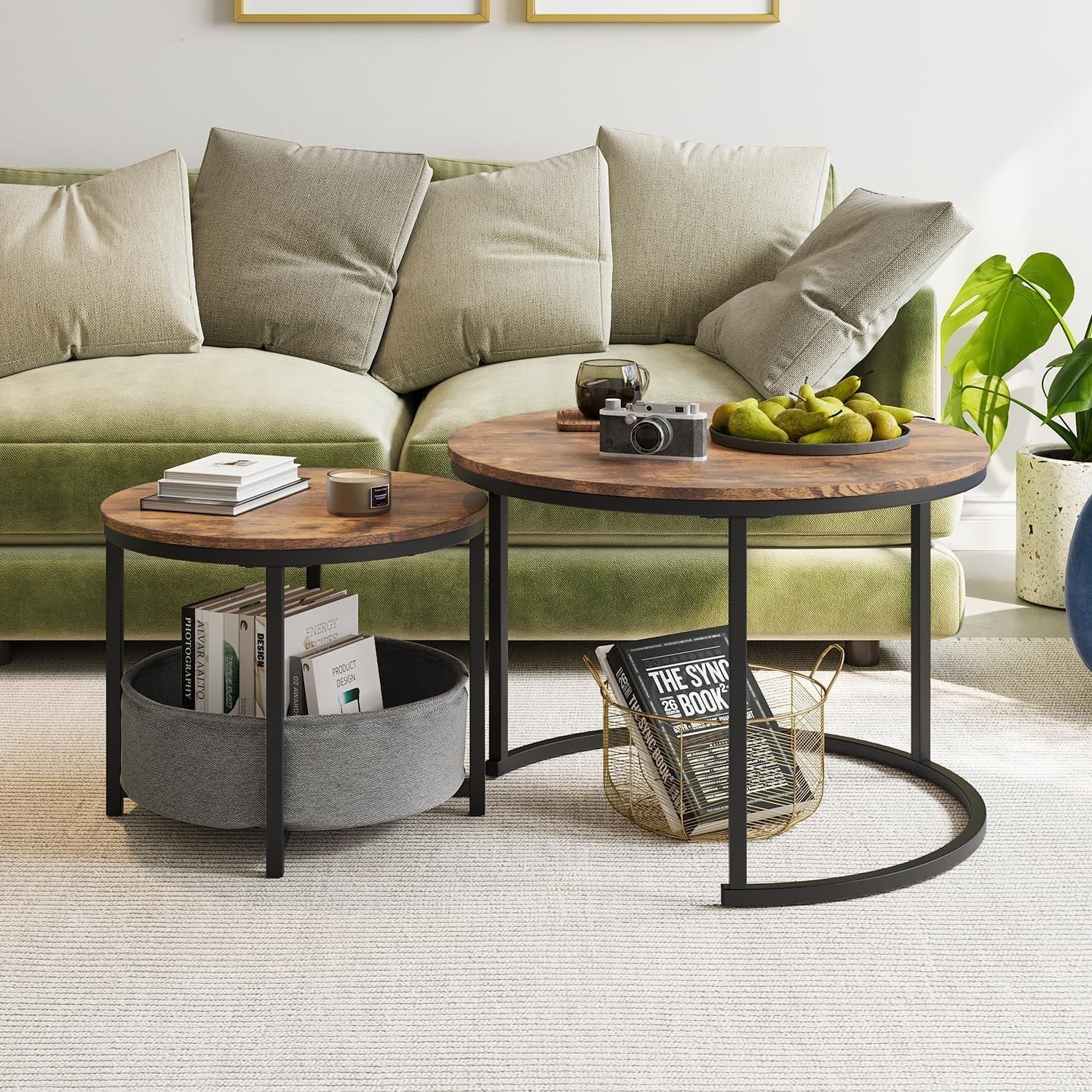 Round Coffee Table Nesting Set Brown Wood Top Iron Frame 120cm Modern
