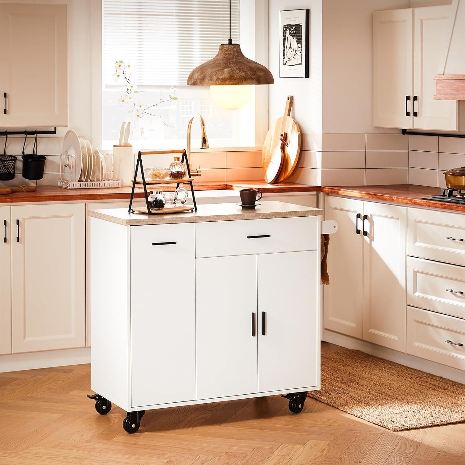 Kitchen Island on Wheels Storage Cabinet with Drawers Towel Rail Wood Top