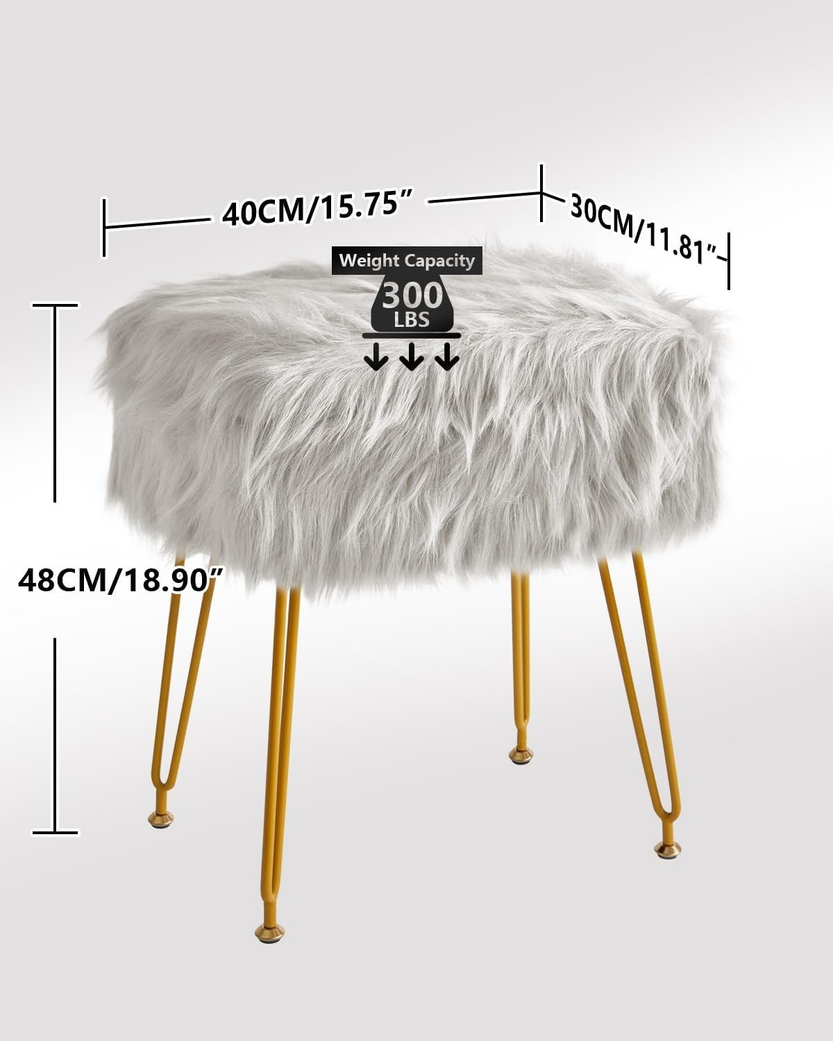Grey Faux Fur Vanity Stool with Storage – Rectangular Makeup Ottoman Seat