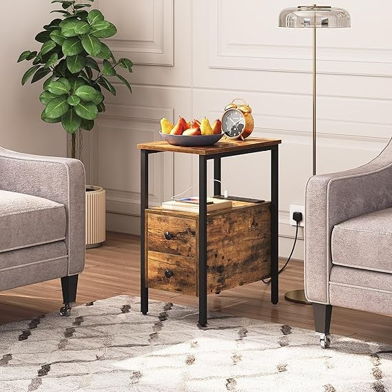 Narrow Rustic Bedside Table with Charging Station, USB Ports, 2 Drawers, Slim