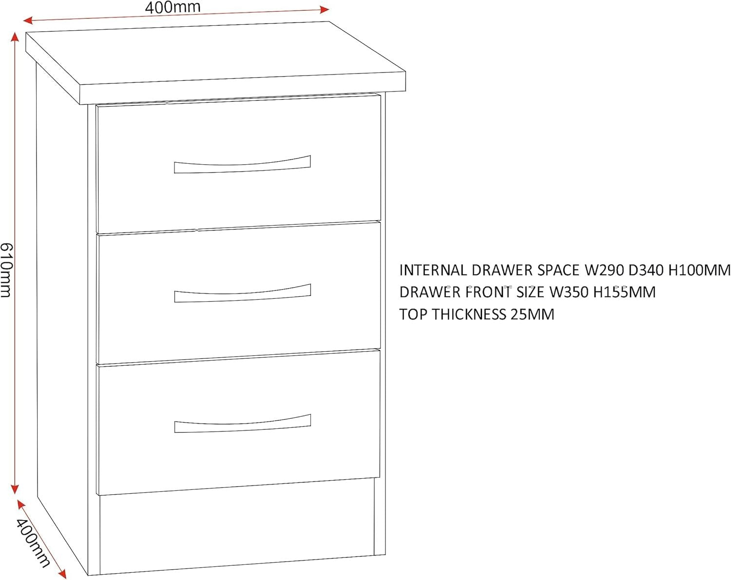 Black 3 Drawer Bedside Table – Modern Wooden Nightstand