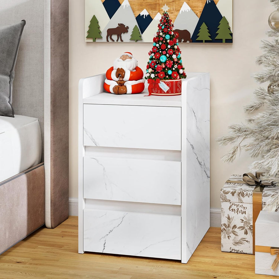 Marble White Bedside Table with 3 Drawers & Charging Station | Modern 35×59cm