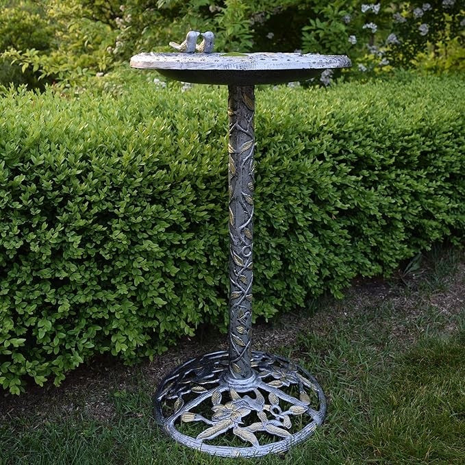 Antique Pewter Cast Bird Bath – Elegant Outdoor Hummingbird Garden Decor
