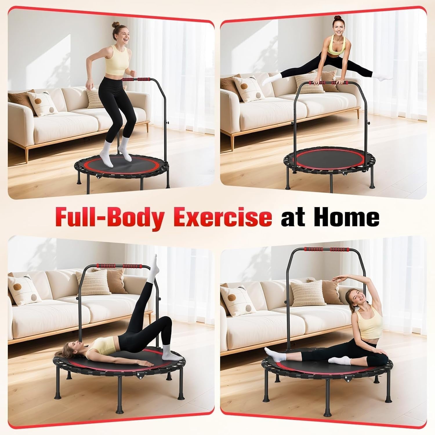 Exercise Trampoline w Handle Adjustable Height Quiet Foldable 150kg