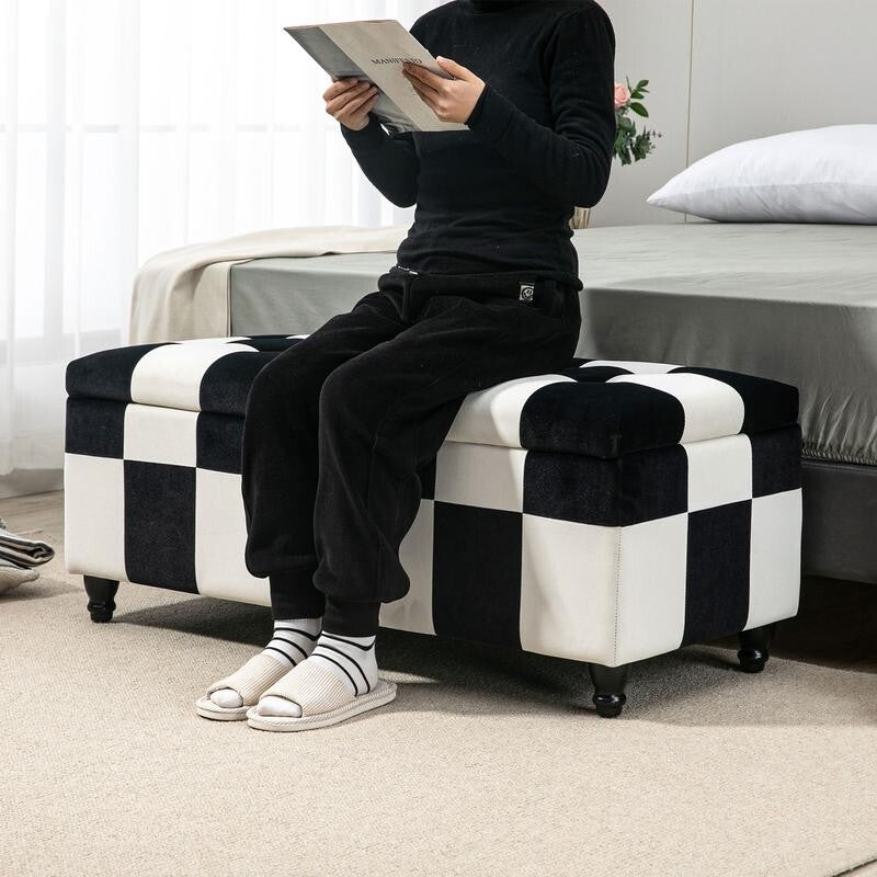 Black White Velvet Storage Ottoman Seat Box Toy Chest Bench w/ Lid & Legs