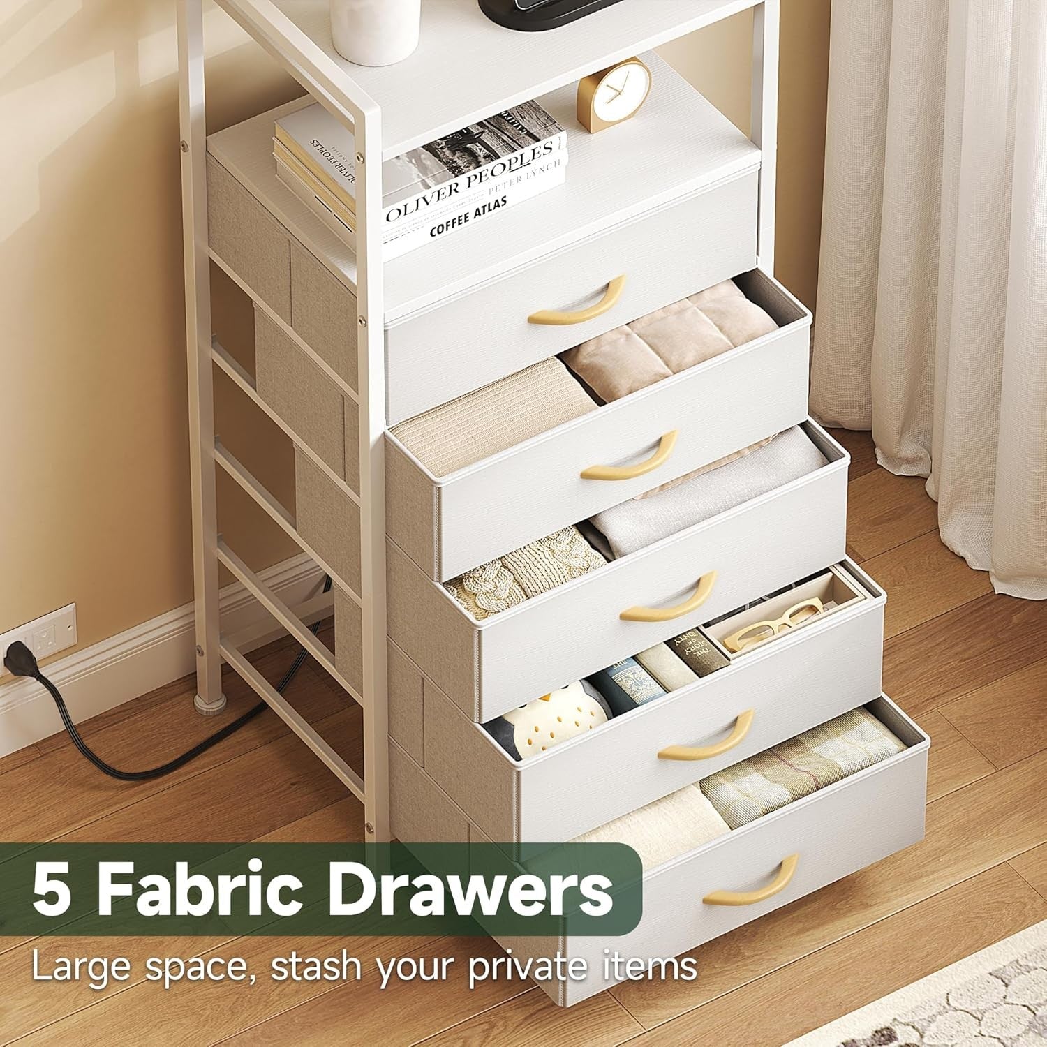 Tall White LED Bedside Table with Charging Ports 5-Drawer Modern Storage Unit