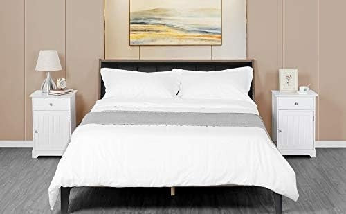 White Wooden Bedside Tables Set of 2 with Drawer & Cupboard