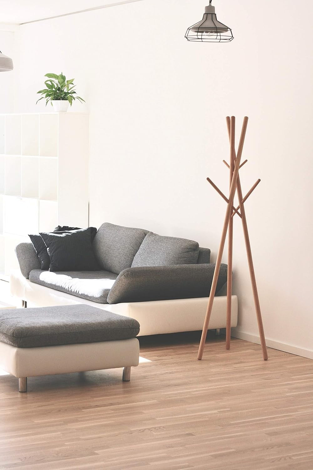 Natural Beech Wood Coat Rack Freestanding 9 Hooks Modern Tree Stand No Screws