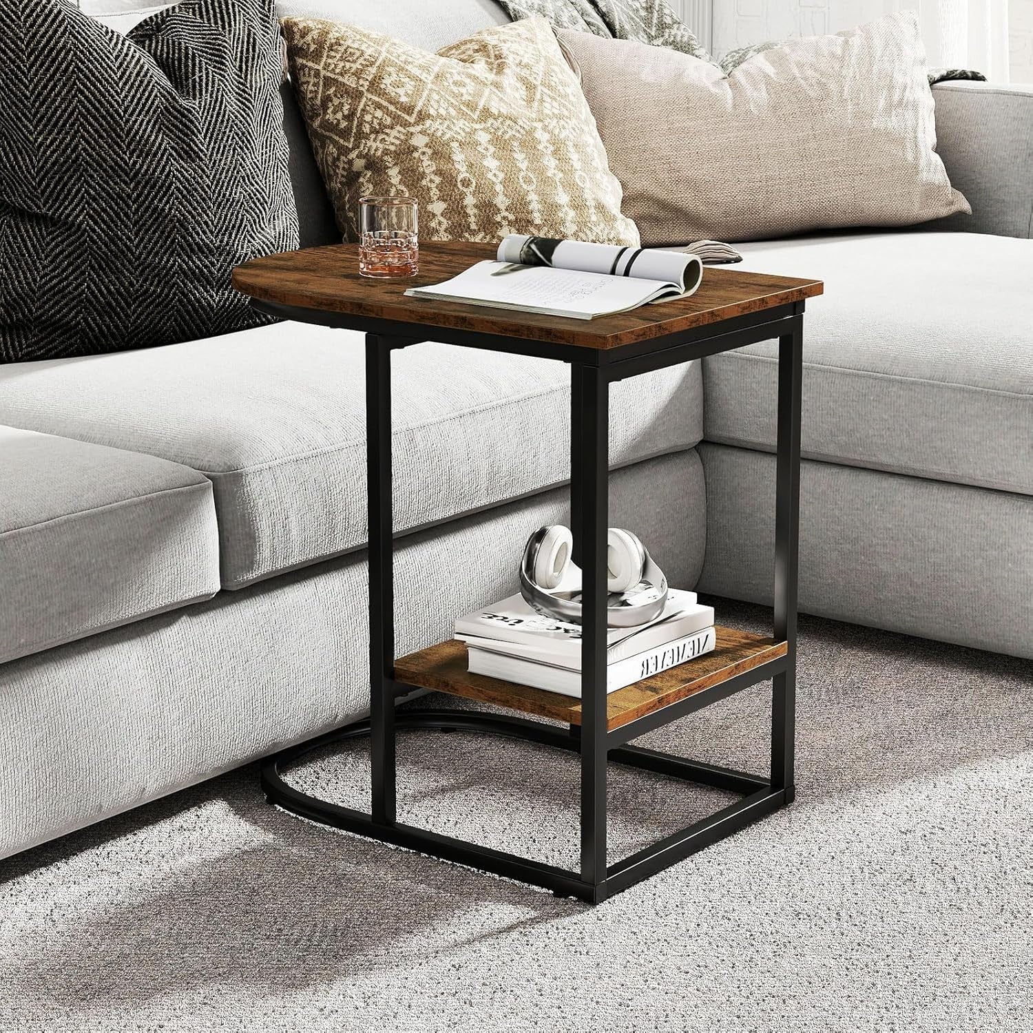 Rustic Brown C-Shaped Side Table with Shelf – Industrial Sofa Laptop Stand