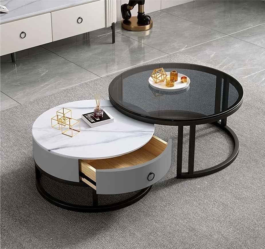 Nesting Coffee Table Set of 2 – Round Storage Tables with Metal Frame