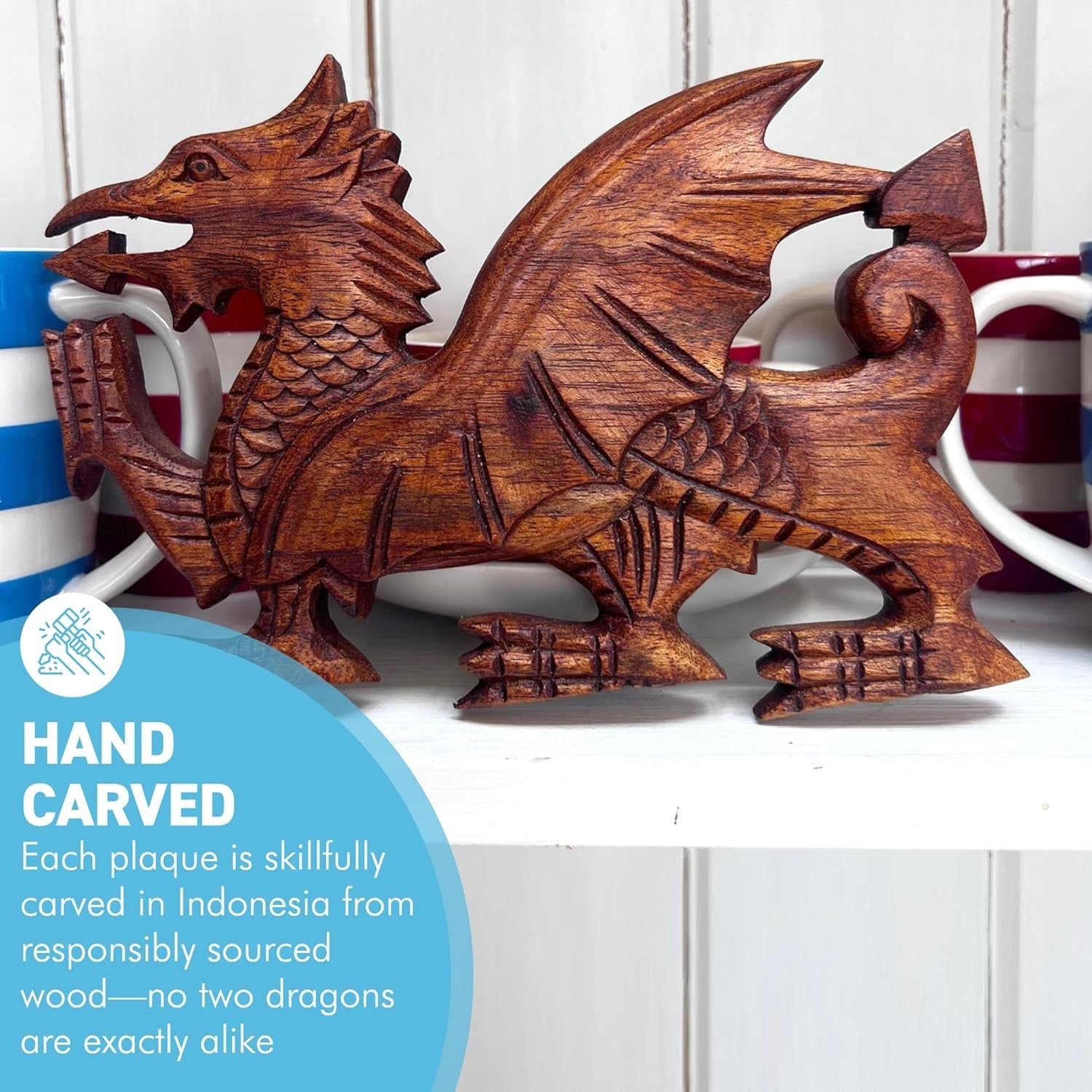 Wooden Dragon Wall Plaque Hand-Carved Decor | Welsh Dragon Ornament | 23cm