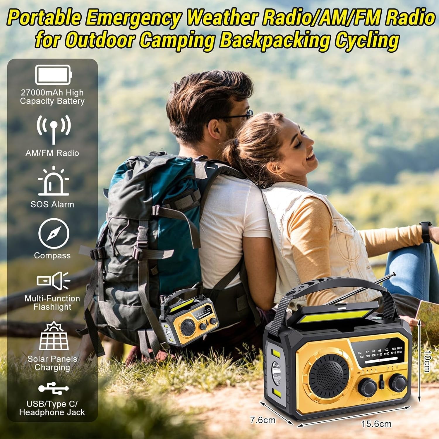 Emergency Wind Up Solar Radio 27000mAh Power Bank AM/FM Torch Orange