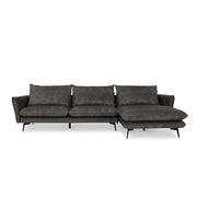 Right Hand Corner Sofa Grey Velvet – 4 Seater Chaise Lounge with Metal Legs