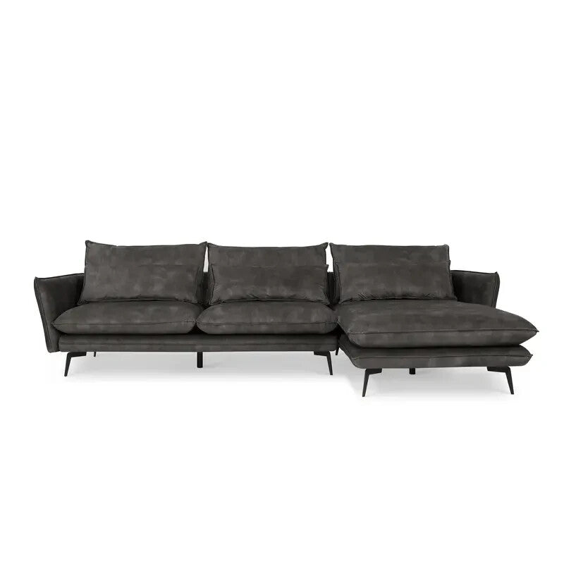 Right Hand Corner Sofa Grey Velvet – 4 Seater Chaise Lounge with Metal Legs
