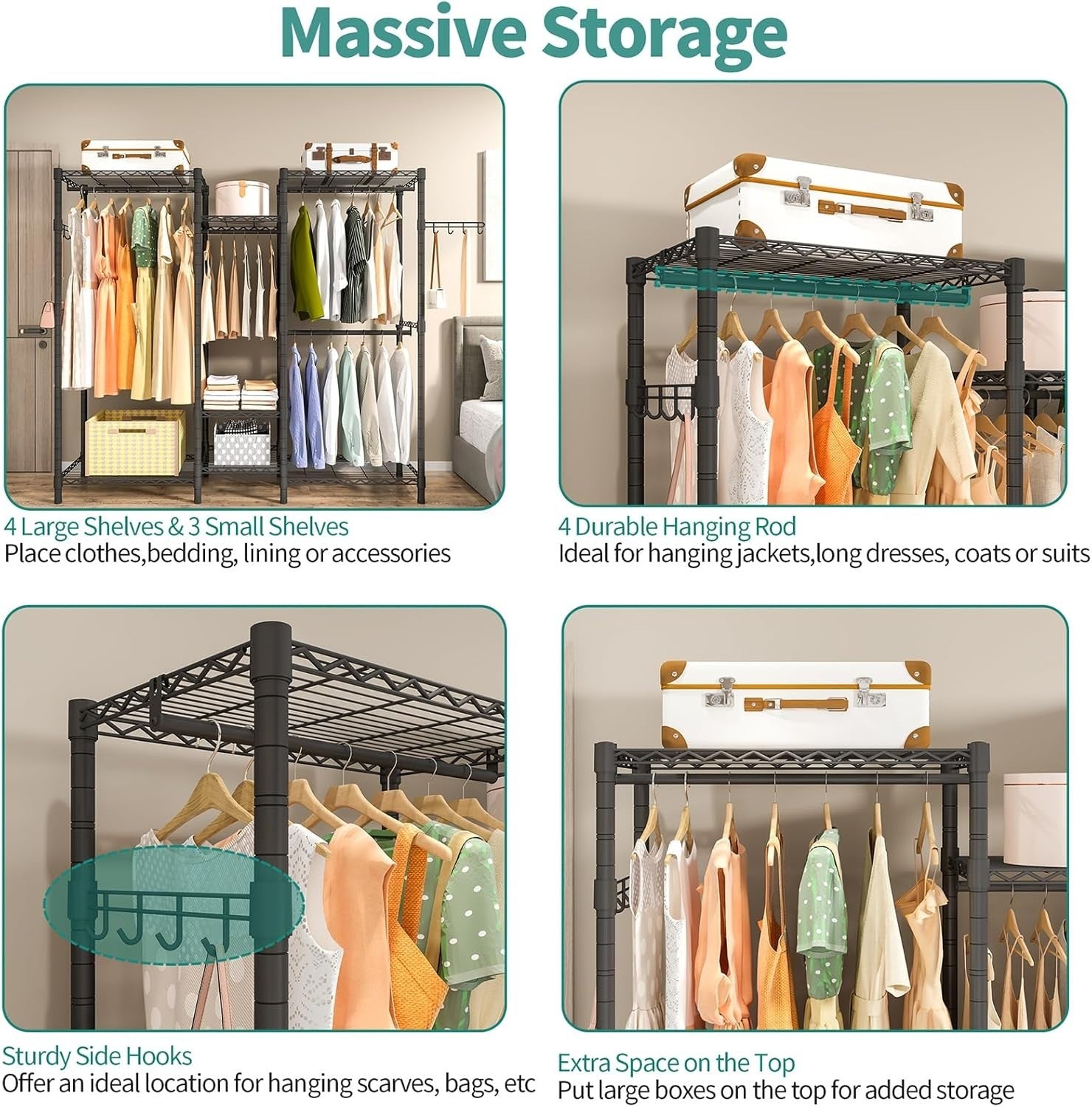 Heavy Duty Garment Rack 7 Tier Shelves 4 Rods Organizer Black