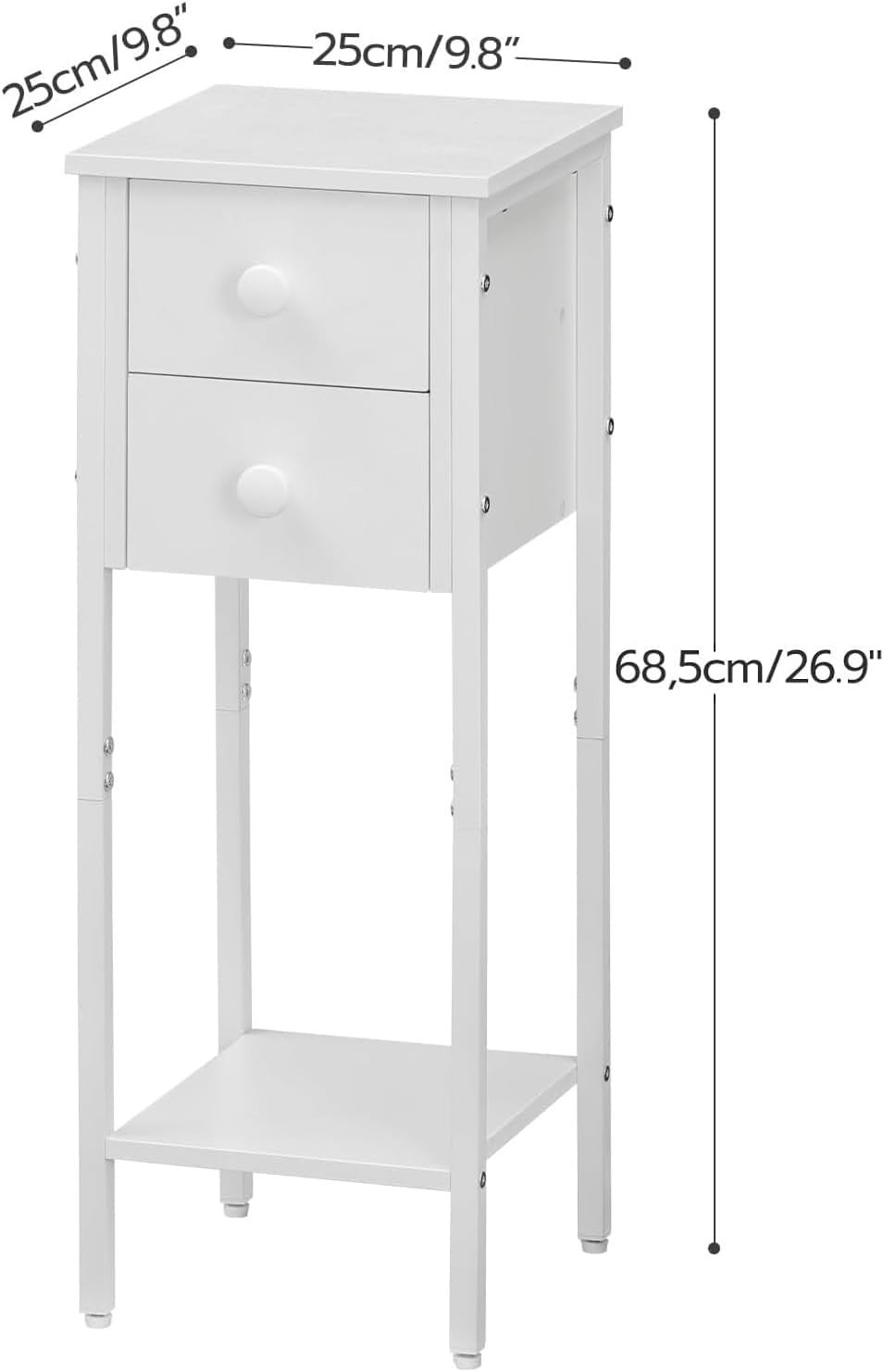 Set of 2 Slim White Bedside Tables with Drawer & Shelf – Narrow Tall Side Tables
