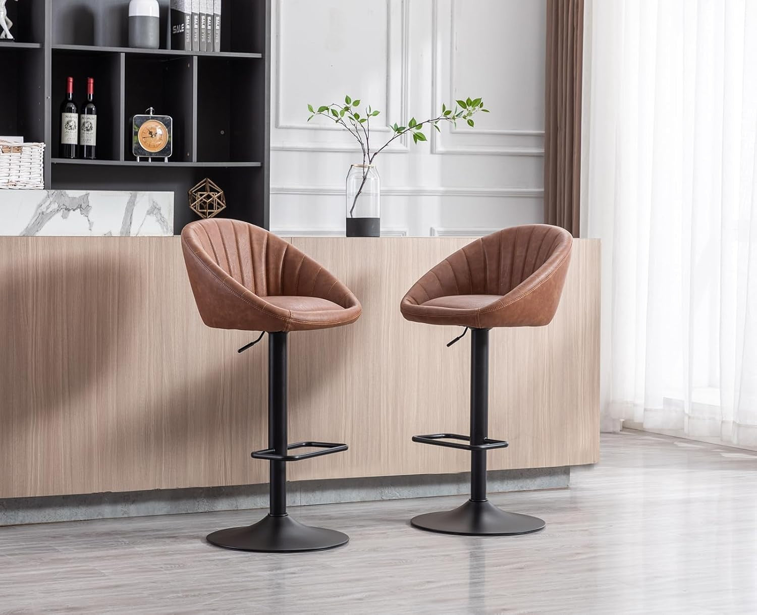 Set of 2 PU Brown Bar Stools Adjustable Swivel Counter Chairs