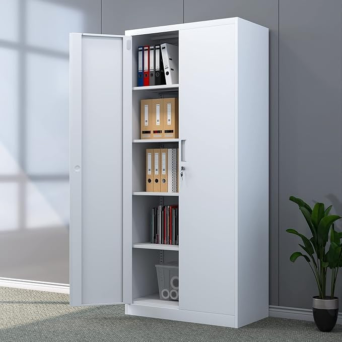 Tall White Metal Storage Cabinet with Lockable Doors & 4 Adjustable Shelves