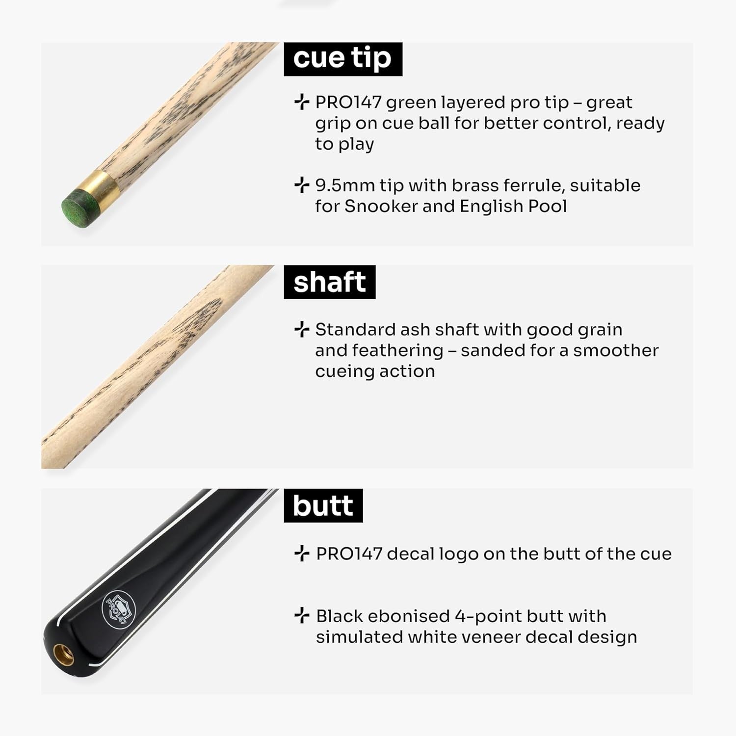 57" 3/4 Joint Ash Snooker Pool Cue 9.5mm Tip Extensions Hard Case