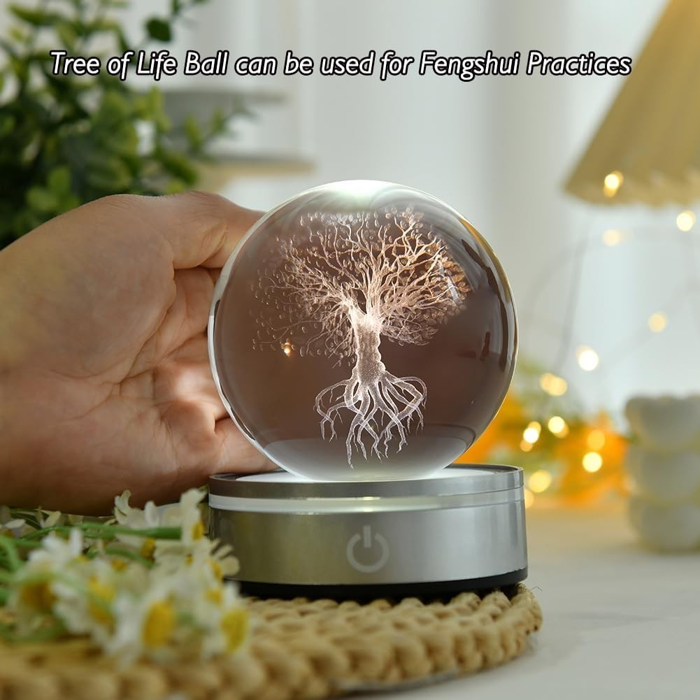 3D Tree of Life Crystal Ball LED Light • Engraved Glass Sphere Ornament