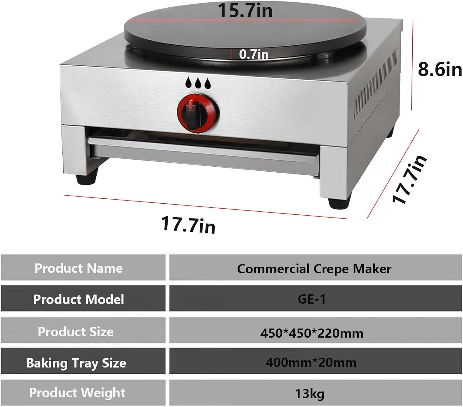 Gas Crepe Maker 15.75" Stainless Steel Non-Stick Commercial Pancake Griddle LPG