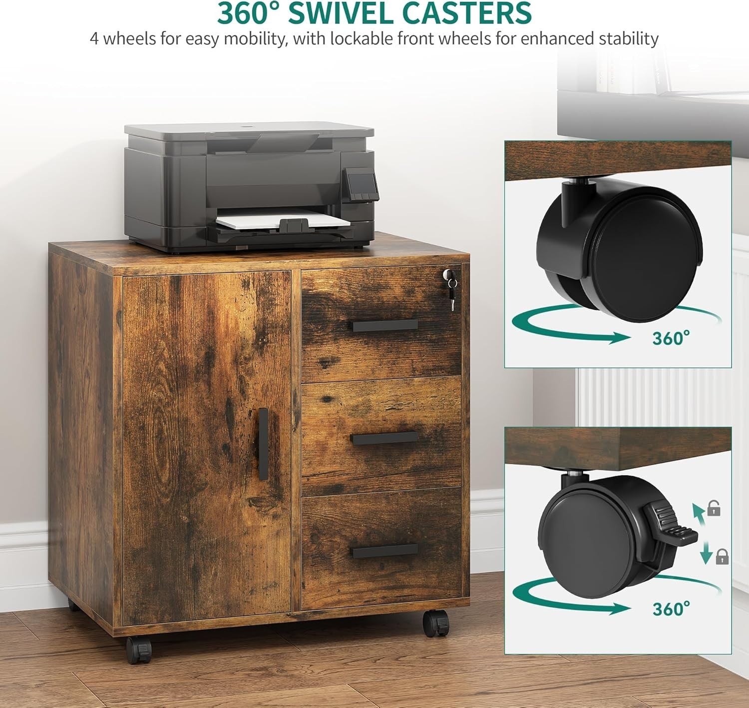 Mobile File Cabinet 3 Drawer Lockable Rolling Office Printer Stand