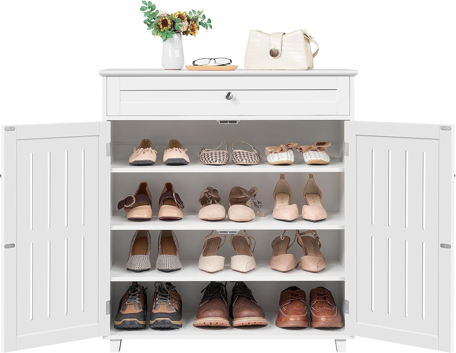 White 4-Tier Shoe Cabinet with Drawer & Adjustable Shelves – Space Saving