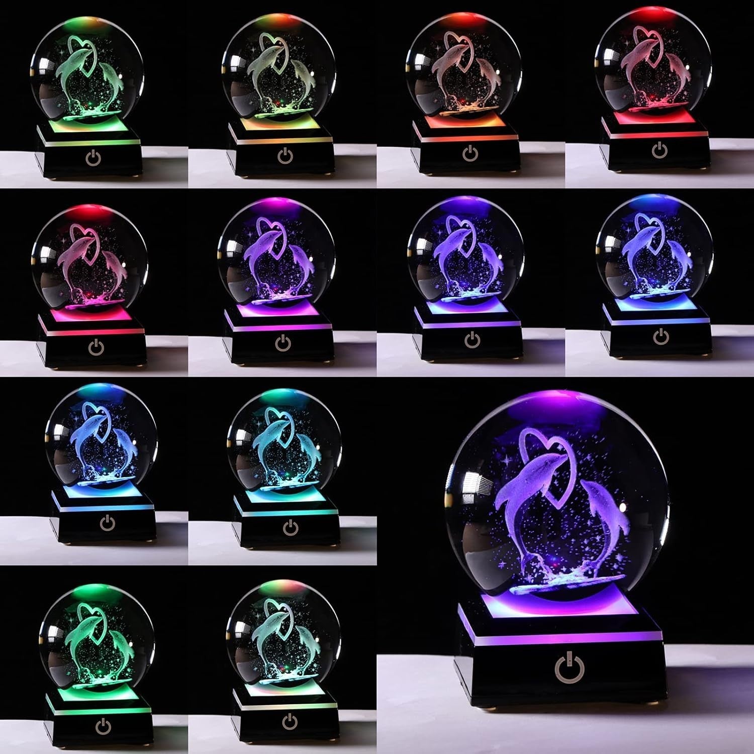 3D Crystal Dolphin LED Light Globe 80mm Glass Ornament Romantic Ocean Gift Decor
