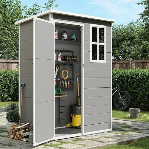 Amopatio 5x3ft Resin Garden Storage Shed Lockable Tool Bike Patio Grey & White