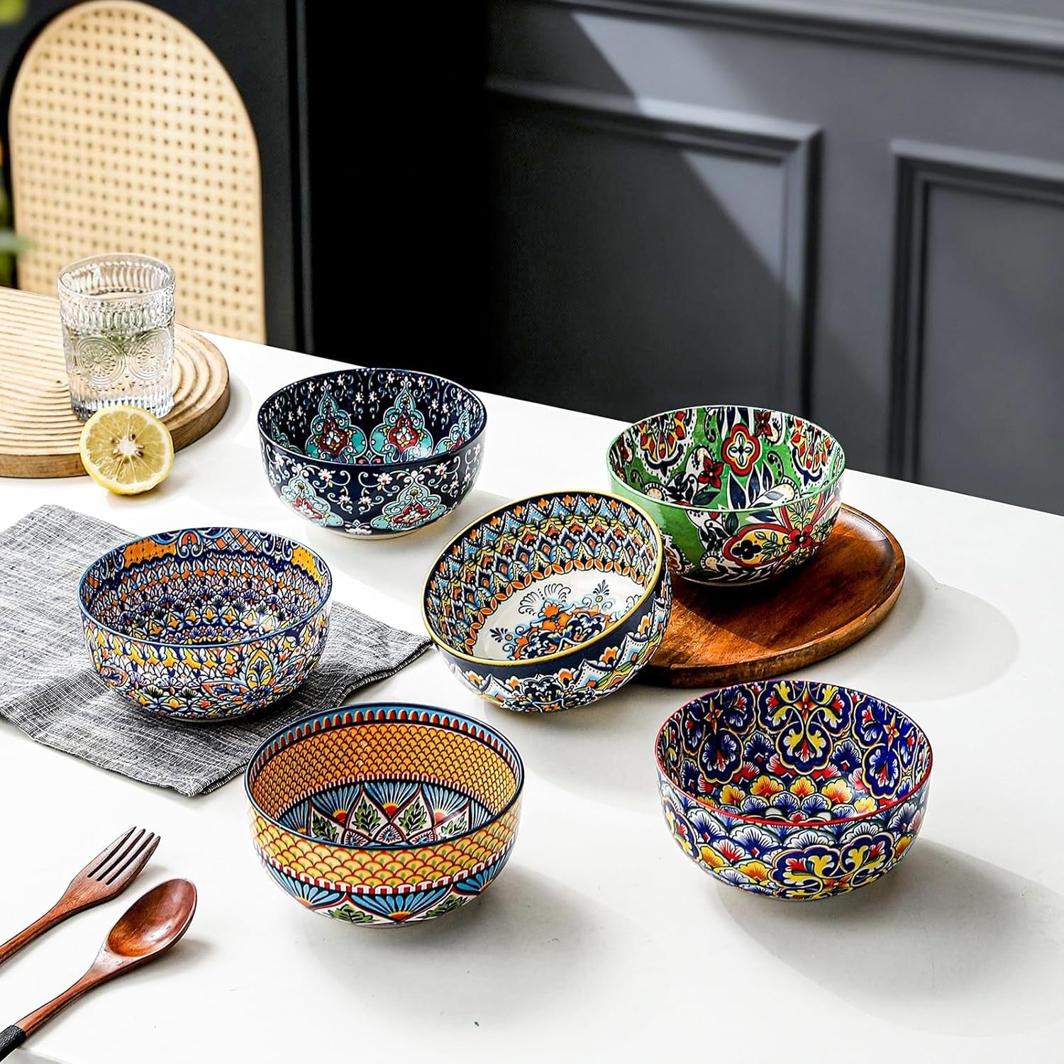 6pc Porcelain Cereal Soup Bowls 28oz Bohemian Floral Dishwasher Safe