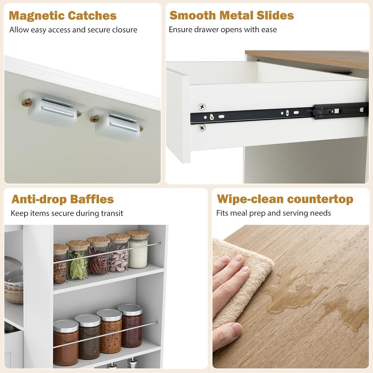 Kitchen Island Trolley White Natural with Spice Rack