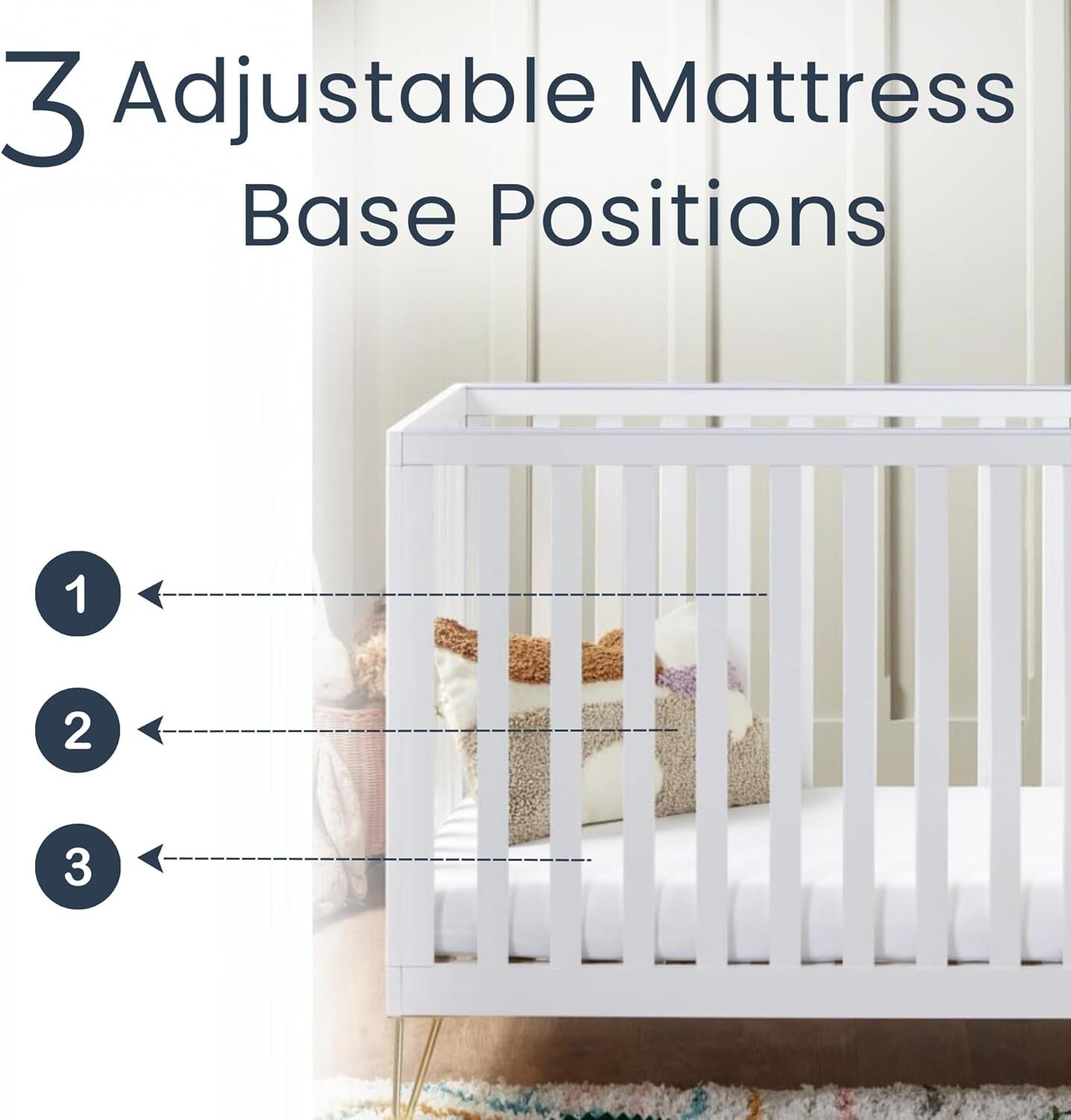 Baby Cot Bed Convertible Toddler Bed Adjustable Height Modern Design White