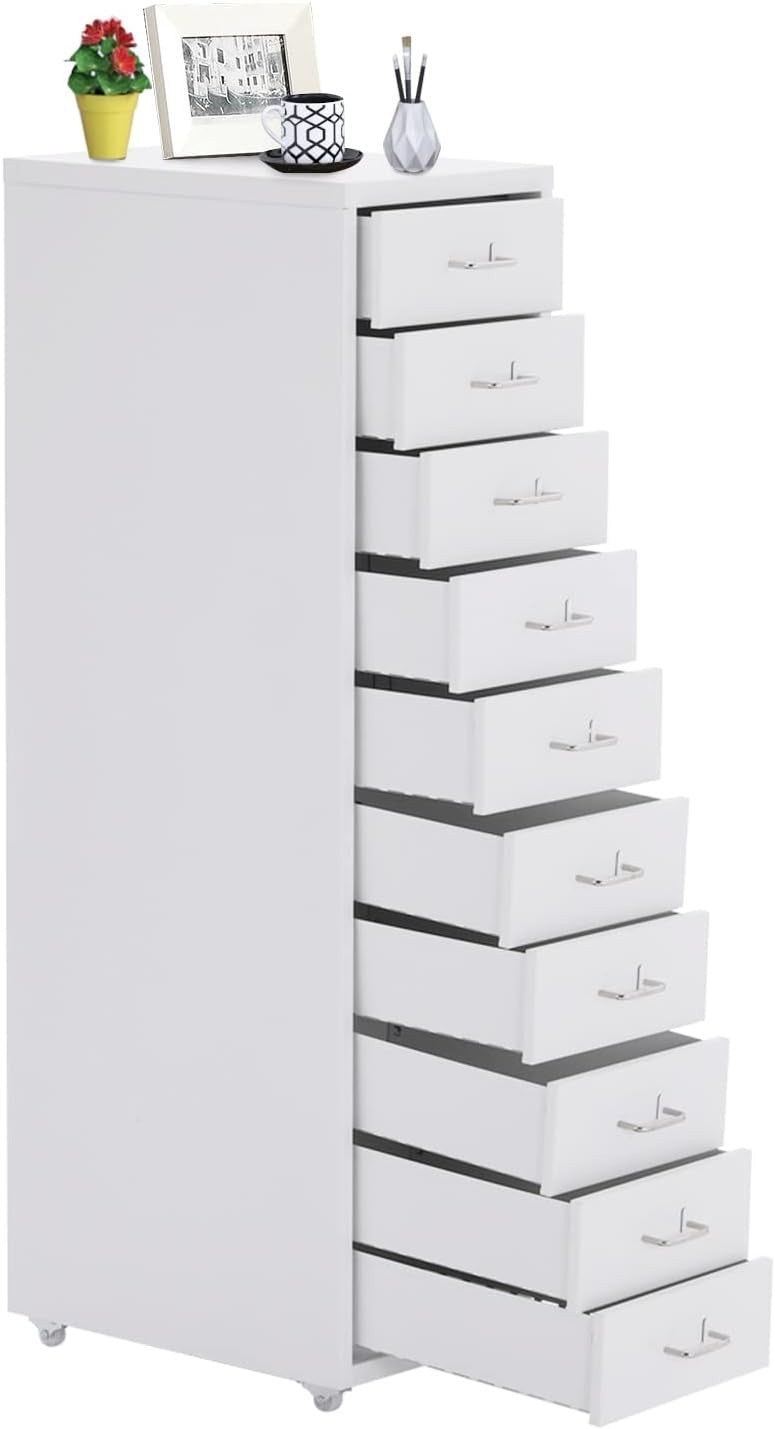 White Slim Rolling Drawer Tower 10 Tier Metal Office File Storage
