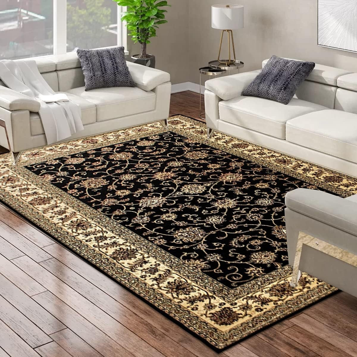 Black Oriental Area Rug 160x230cm Soft Low Pile Luxury Living Room Carpet