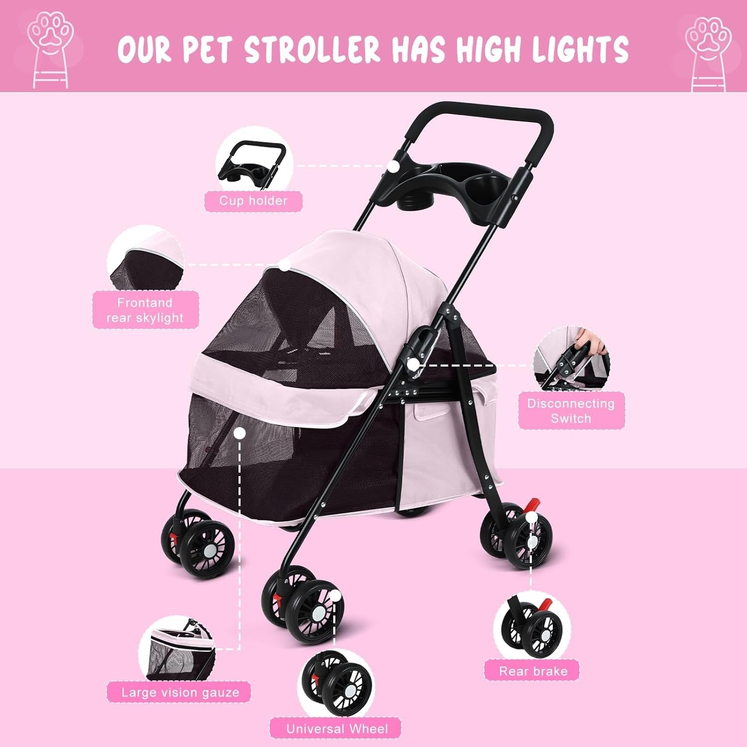 Pet Stroller Dogs & Cats 4 Wheel Foldable Travel Pram Brake Mesh