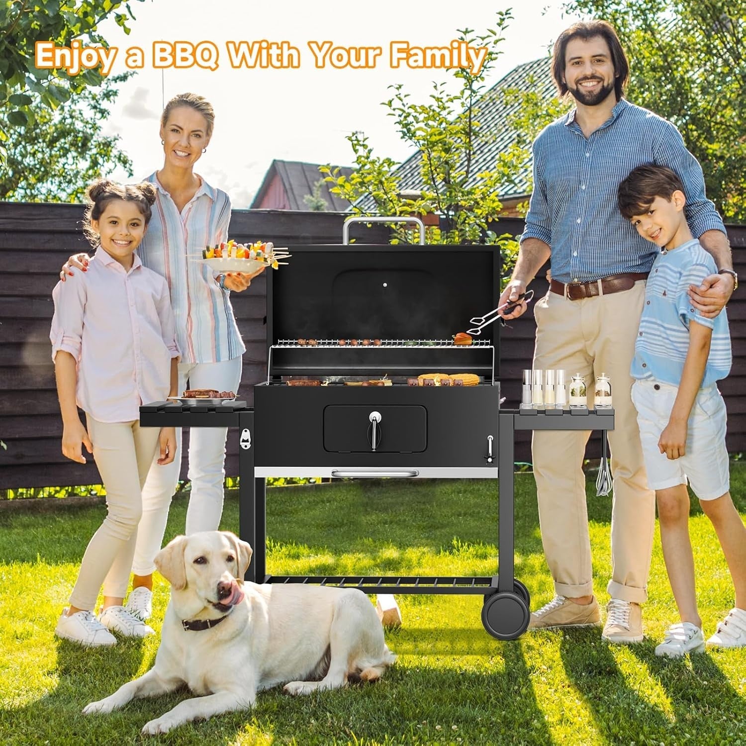 XXL Charcoal BBQ Grill with Wheels & Folding Tables | Thermometer