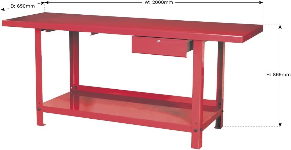 Red Steel Workbench 2m with Lockable Drawer 900kg Capacity Heavy Duty