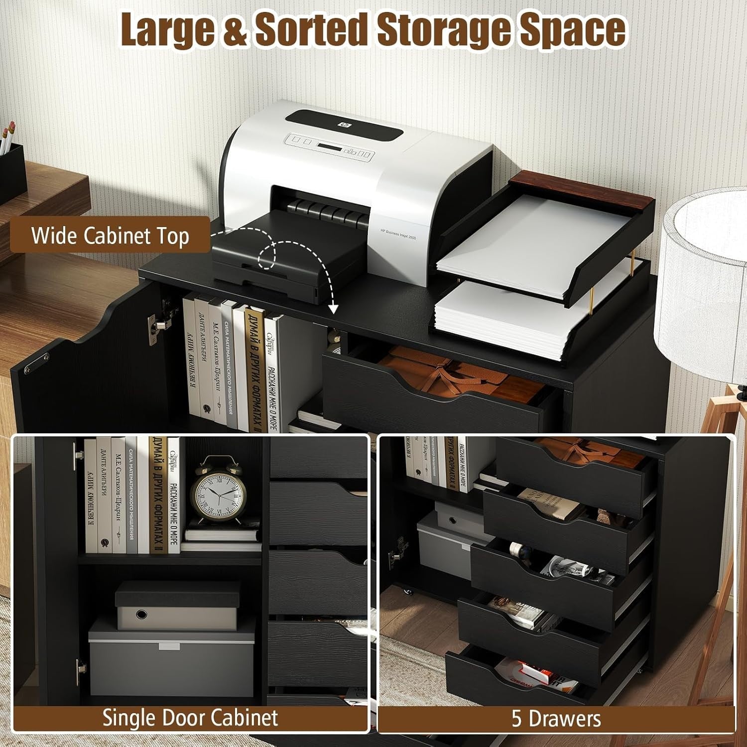 Black 5 Drawer Mobile File Cabinet 78x40x65cm Printer Stand