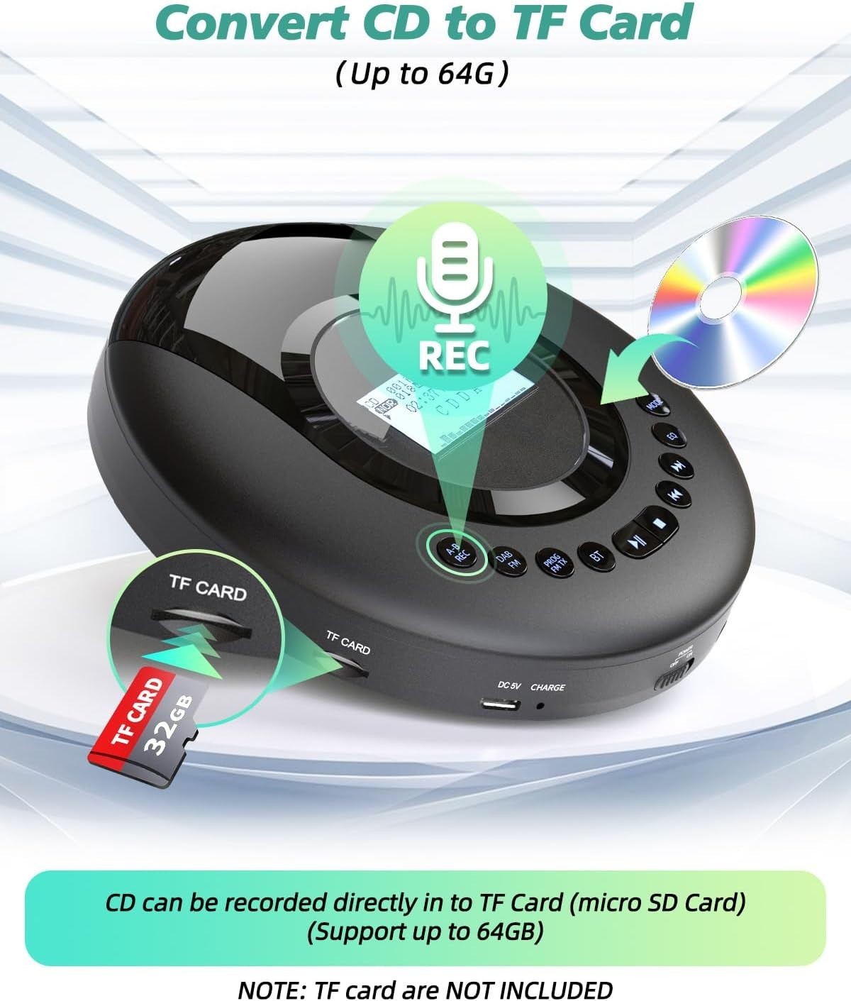 Portable CD Player DAB+ FM Bluetooth 5.2 Discman 2000mAh Rechargeable