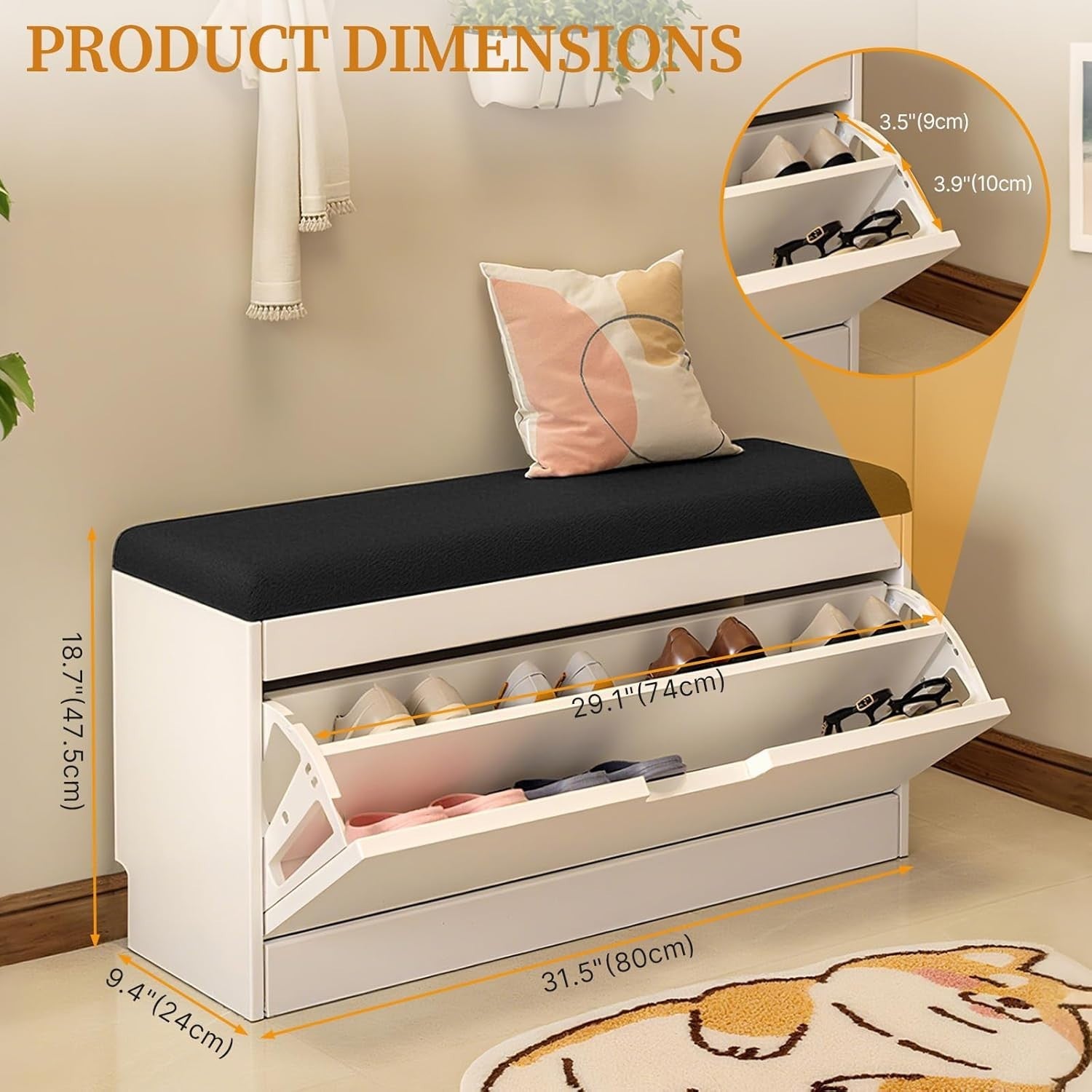 Slim Shoe Storage Bench with Flip-Drawer & Cushion Seat – Space Saving, Sturdy